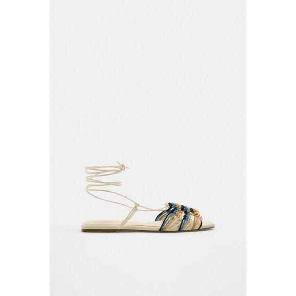 Zara Multicolor Woven Knotted Square Open-Toe Ankle-Wrap Low Heel Sandals (NWT) - Picture 4 of 6